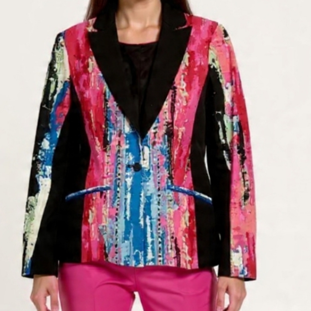US6🩷Isaac Mizrahi Live! Watercolor Abstract Art Vibrant Colours Jacket Blazer